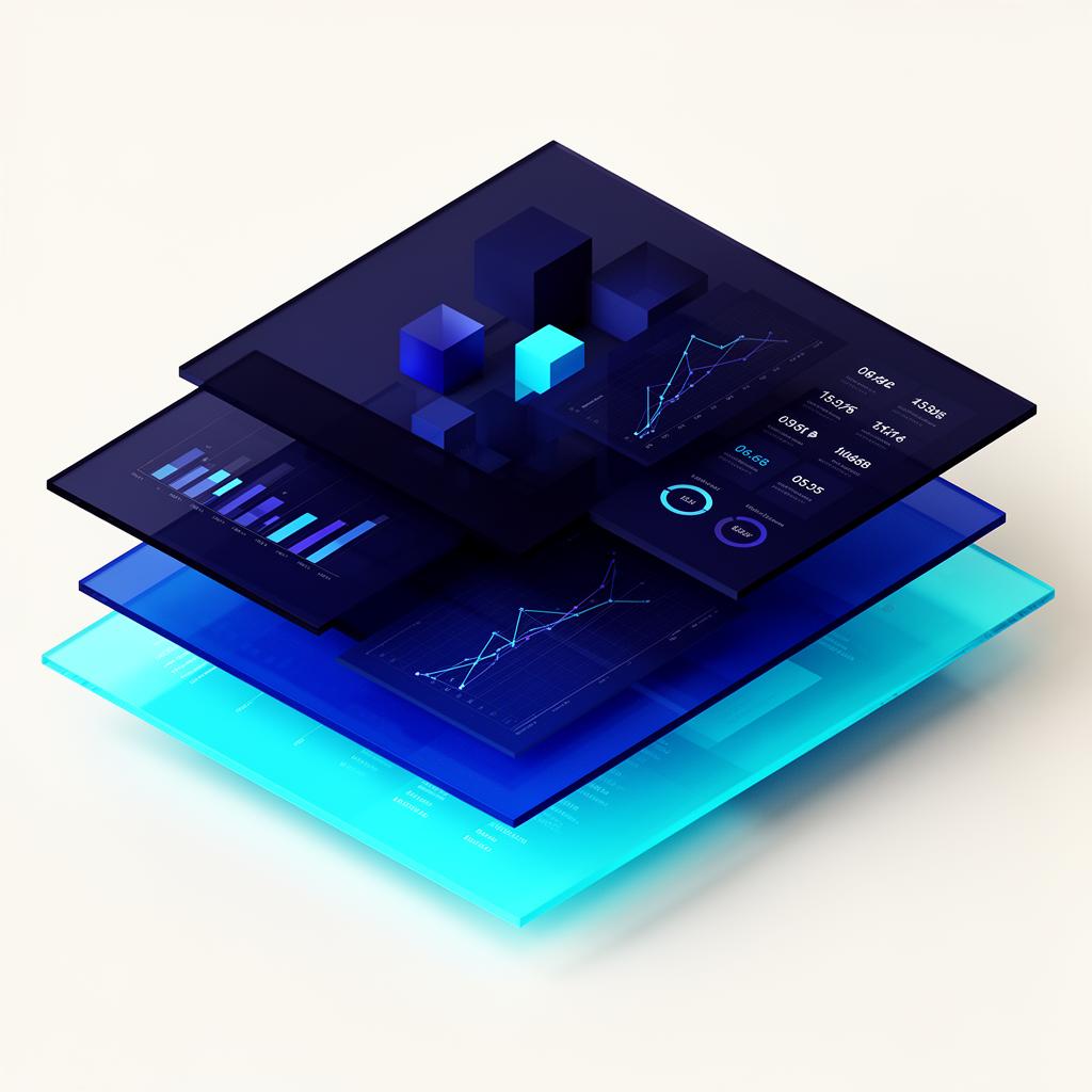 Enterprise data intelligence dashboard visualization in navy, royal blue and cyan